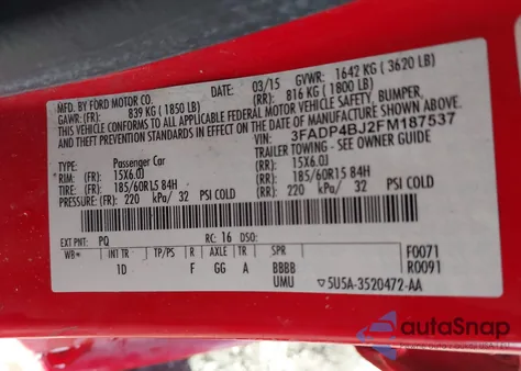 2015 Ford Fiesta Se z USA, uszkodzony, nr VIN 3FADP4BJ2FM187537